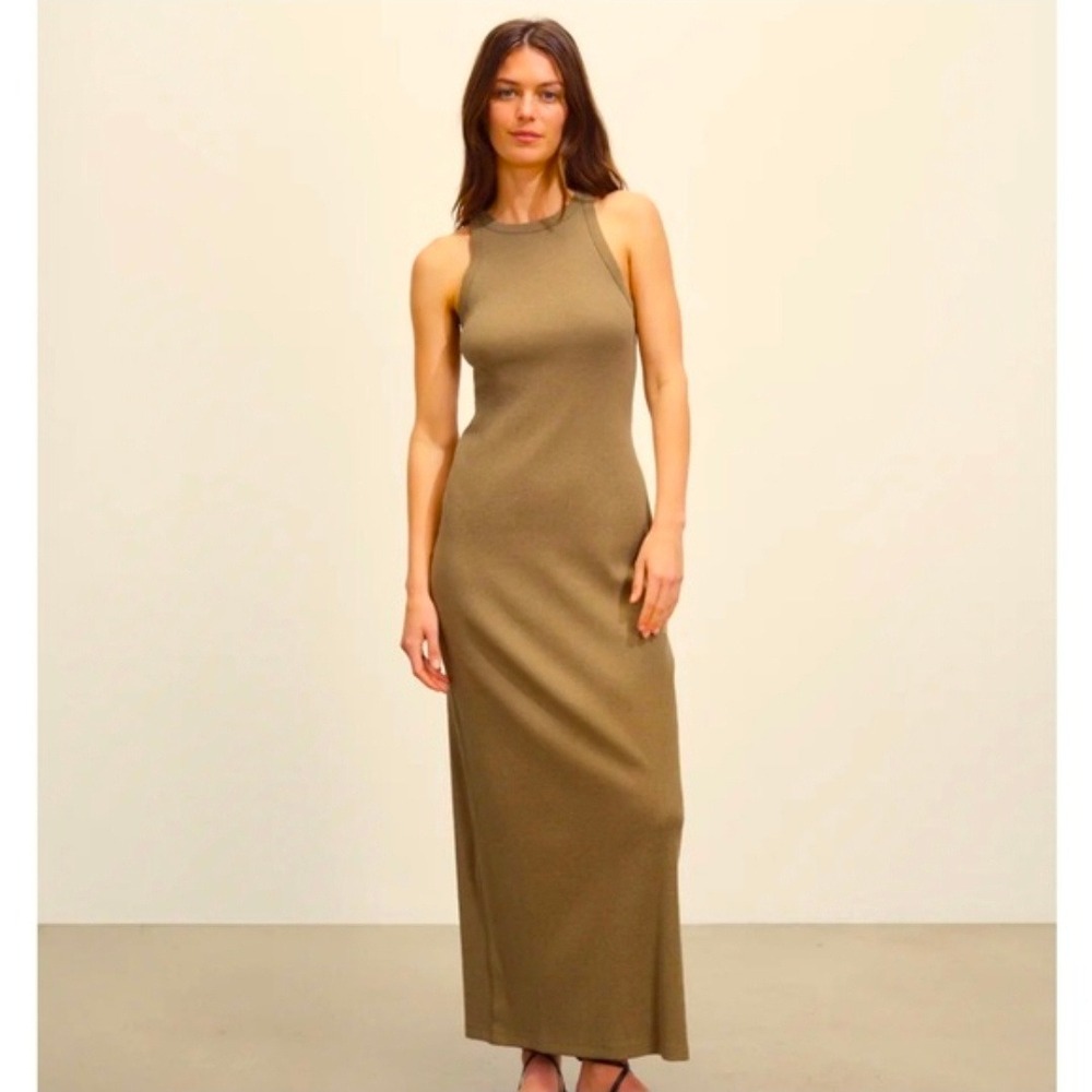 Buck Mason Women Olive Green Ribbed Cotton Racerback Maxi Column Dress Large